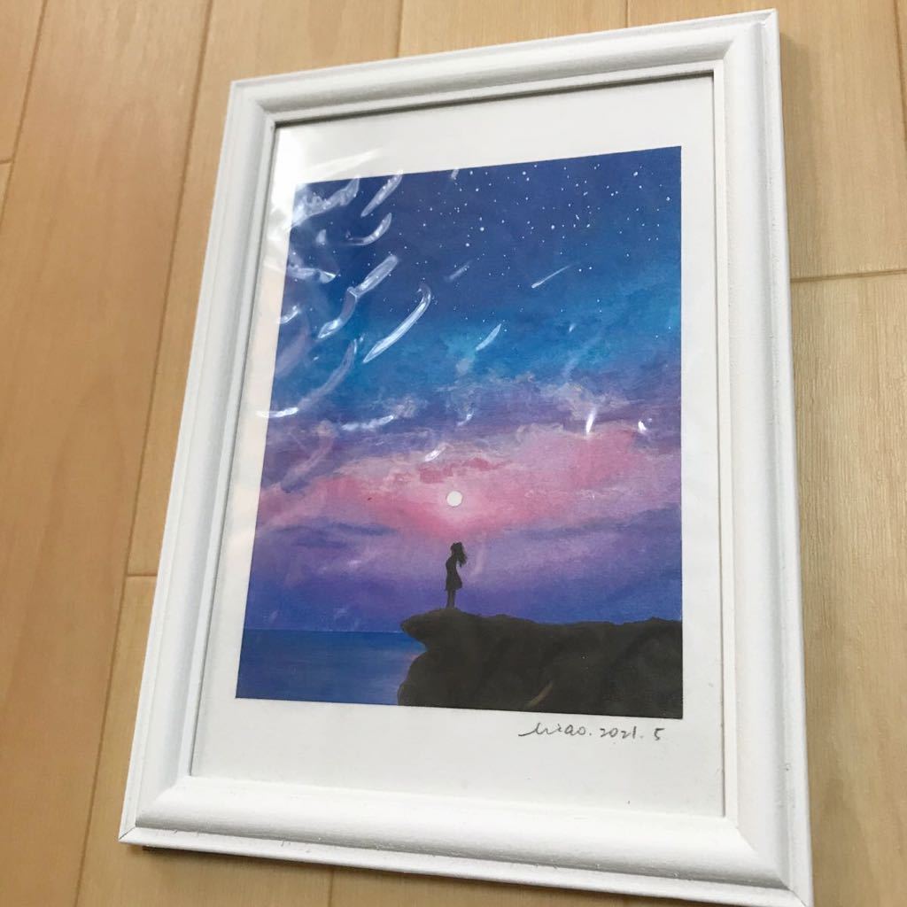 オイルパステルアート 原画 イラスト 絵 フレーム付き 海 月 流れ星, 美術品, 絵画, パステル画, クレヨン画