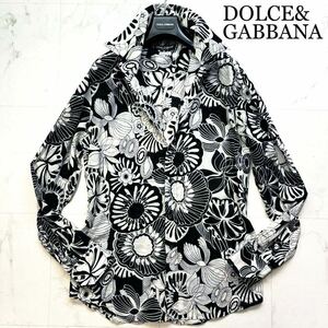 【美品】定価15万!幻のXL★DOLCE&GABBANA【圧倒的華やか】最高級フラワー花柄ドレスシャツ ストレッチ長袖 イタリア製 ドルガバ 黒ブラック