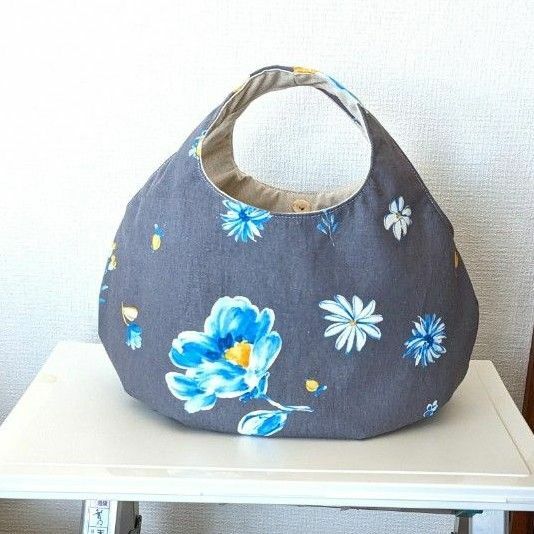 ブルーフラワー　花柄　丸底　ころりんバッグ　ハンドメイド