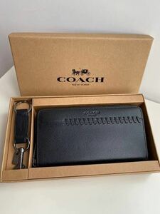 新品 COACH コーチ F21369 メンズ リップ アンド リペア レザー ラウンドファスナー 長財布 ブラック アウトレット　ストラップ付
