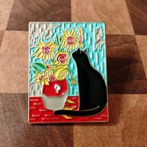 黒猫絵画②ひまわり ピンバッジ　猫　ねこ　美術館　芸術　パロディ　四角　スクエア_画像1