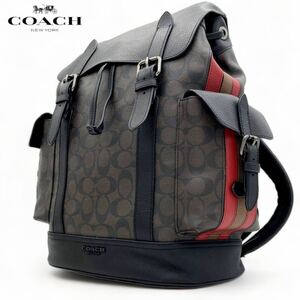 新品同様 ◆ COACH 大容量 リュック シグネチャー 本革 ヘリテージライン コーチ バックパック 巾着 レザー メンズ A4可 C1242 ビジネス