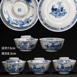 中国美術 焼物 陶器 瓷器 青花染付 盆景/清供図 唐物 中国古玩 時代物 蓋物 碗 ９点セット YD23110905