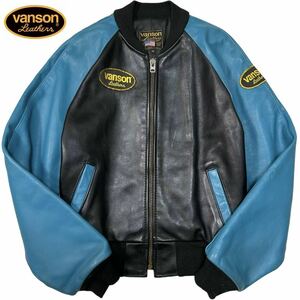 1円〜/大人気モデル●VANSON バンソン USA製 レザージャケット 本革 スタジャン ブルゾン シングル ライダース 38 黒 水色 アメカジ メンズ