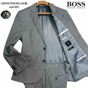 極美品/48(L)●HUGO BOSS ヒューゴボス LANIFICIO TESSE BIELLA社製super100’s セットアップ スーツ ストライプ グレー ビジネス 総裏 2B