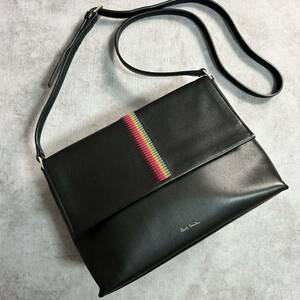 極美品/現行品●ポールスミス Paul Smith ショルダーバッグ マルチストライプ クロスボディ 斜め掛け ビジネス メンズ レザー 本革 黒 鞄