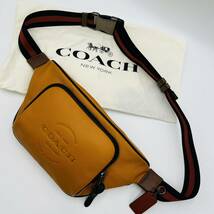 1円【未使用級・付属品有】COACH コーチ ウエストポーチ ボディバッグ ワンショルダー ヘリテージ レザー シボ メンズ オレンジ ドッグタグ_画像1