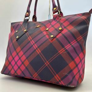 1円〜【最高級】ヴィヴィアンウエストウッド Vivienne Westwood トートバッグ オーブ タータンチェック PVCレザー A4可 レッド 赤 肩掛け