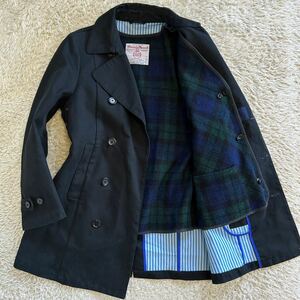 美品!! シップス ハリスツイード 別注 SHIPS Harris Tweed トレンチコート ロングコート M ウールライナー 裏地チェック柄 ブラック 黒