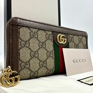 1102【現行 保管品】GUCCI グッチ 長財布 ラウンドジップ ファスナー オフィディア GGマーモント ウォレット シェリーライン ゴールド金具