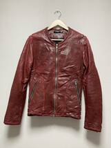 [varde77] VINTAGE LEATHER DAMAGE RIB JKT 製品染め ダメージ加工 シングルライダース レザージャケット S ボルドー 羊革 HR-B21 バルデ77_画像1