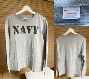 【激安1点のみ 国内正規品】Champion チャンピオン コットン100% NAVY ロゴ プリント 長袖 Tシャツ カットソー ロンT M グレー系 USED