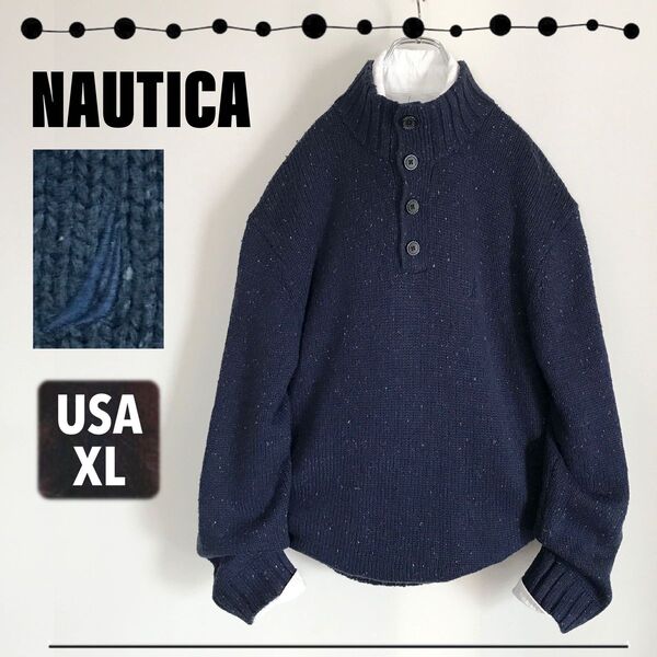 NAUTICA ノーティカ★ハーフボタン モックネック★ネップニット★ウール混セーター★USAメンズXL