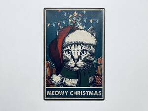 ブリキ看板 20×30㎝ 猫 クリスマス 限定 ネコ サンタ Merry Christmas レトロ ウェルカムプレート 装飾品 アメリカンガレージ 新品 PC0102