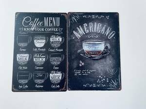 ブリキ看板 20×30㎝ COFFEE MENU 図鑑 2枚セット AMERICANO アメリカーノ カフェ コーヒー ガレージ アンティーク インテリア 新品 P-0032