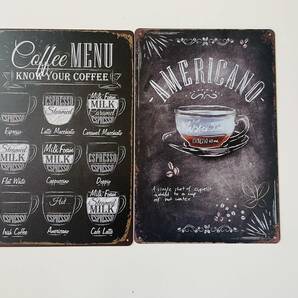 ブリキ看板 20×30㎝ COFFEE MENU 図鑑 2枚セット AMERICANO アメリカーノ カフェ コーヒー ガレージ アンティーク インテリア 新品 P-0032の画像2