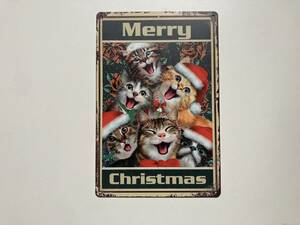 ブリキ看板 20×30㎝ 猫 クリスマス 限定 ネコ サンタ Merry Christmas レトロ ウェルカムプレート 装飾品 アメリカンガレージ 新品 PC0103