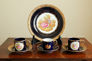 リモージュ　LIMOGES　フランス製 デミタスカップ&ソーサー 3客 飾り皿 1枚 まとめて　22K コバルト 金彩 コーヒー 絵皿 アンティーク