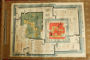 掛軸　鉄砲奉行屋敷図　大大名御屋方図 肉筆　二条城 大阪城 火器 武具 間取図 江戸幕府 武将 彩色 検) 和本 古文書 日本画 家相図