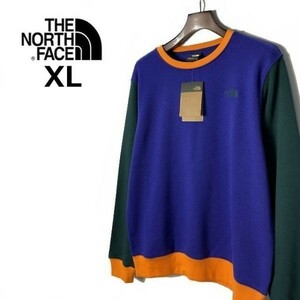 1円～!売切!【正規新品】THE NORTH FACE Color Block Crew スウェット US限定 男女兼用 裏起毛 ロゴ刺繍(XL)緑 オレンジ 青 181130-33