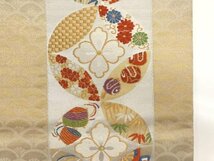 052696# 【1円～】七宝に糸巻き・花・花菱模様織出し名古屋帯_画像4