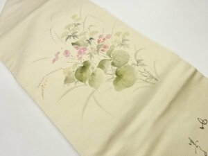 Art hand Auction ys6877067; Sou Sou Artist's work, hand-drawn floral and poetry pattern Nagoya obi [wearing], band, Nagoya Obi, Ready-made