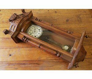 レトロ ゼンマイ式 掛時計 古時計 日本製 トレードマークM ジャンク 柱時計 木製 H77cm アンティーク ビンテージ[G292]