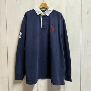 90s ラルフローレン Ralph Lauren ビッグポニー ニールパッチ 長袖 ラガーシャツ(2XLT)ネイビー