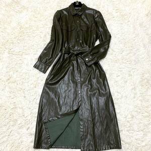 奇跡のマキシ丈 ZARA ザラ ベルテッドコート ロングコート トレンチコートフェイクレザー シャツワンピース ベルト付 Aライン カーキ L