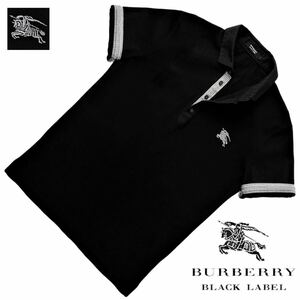 極美品 日本製! バーバリーブラックレーベル BIGホース刺繍 襟・袖ギンガムチェック ロールアップ ポロシャツ 3/L 黒 BURBERRY BLACK LABEL