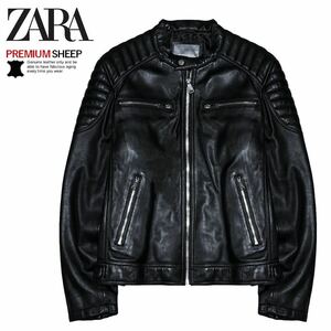 新品 未使用 ZARA MAN ザラマン 極上ラムレザー 中綿入 バイカーキルト パデッド シングル ライダースジャケット Lサイズ 黒 羊革 ブルゾン