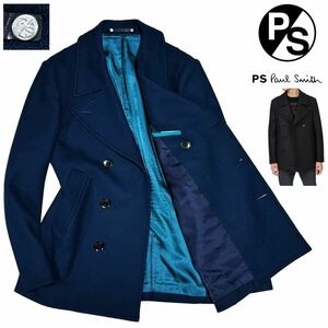  ultimate beautiful goods regular price 5.5 ten thousand Paul Smith total reverse side tailoring collar reverse side check pattern double face melt n wool pea coat L blue jacket pea coat PS Paul Smith