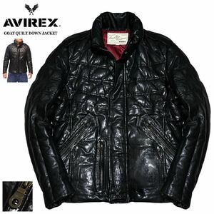 極美品 定価7.3万 極暖! AVIREX アヴィレックス テフロン 極上ゴートレザー ライダース ダウンジャケット M 黒 6121015 山羊革 ブルゾン