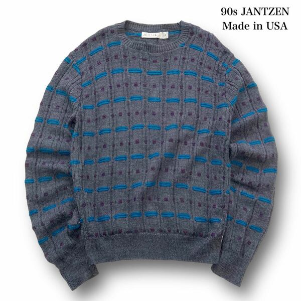【Jantzen】90s ジャンセン USA製 立体刺繍 ニットセーター 90年代 アメリカ製 ヴィンテージ古着 オーバーサイズ ダークグレー 米国製 (XL)