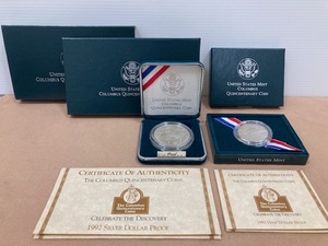 3717* UNITED STATES MINT COLUMBUS QUINCENTENARY COINS コロンブス 1ドル 50セント ハーフダラー 計2枚 おまとめ 銀貨 ケース付 未使用品