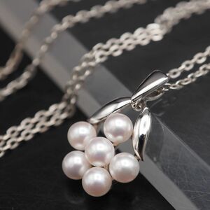 Y486 1円 MIKIMOTO ミキモト あこや真珠 4mm6珠 パール STERLING SIL刻印 デザイン シルバー ペンダント ネックレス 6月誕生石