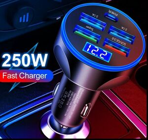 車載用USB充電器、ミニカーチャージャー 250W（急速充電対応）【規格】USB3.1A×4個とUSB Type-C×1個【色】黒