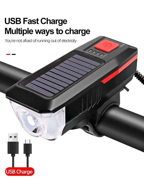 デュアル(ソーラーとUSB充電)対応、簡易取付式3モードの自転車のフロントライト2000mAh【色】赤+5モードのベル一体型