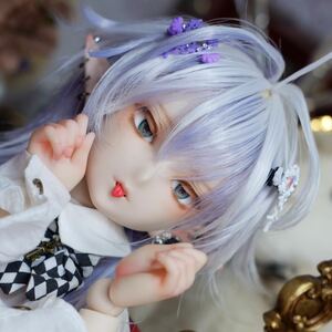  【にゃぽ】 DDH-26セミホワイト肌 カスタムヘッド＋アイ2種＋エルフ耳＋ウィッグ＋舌パーツ＋ヘアピン ソフビ盛り