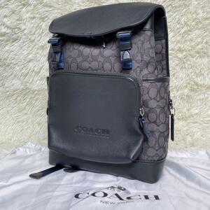 【ほぼ未使用】COACH　コーチ　 リュックサック　リーグフラップ　シグネチャー　巾着　レザー　ジャカード ブラック　黒　グレー　C3793