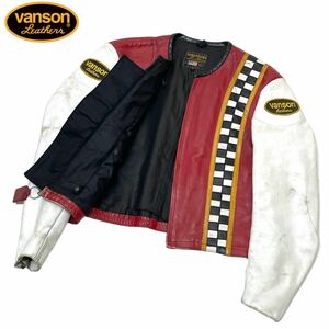 ★ 正規品 Vanson バンソン single rider レザー シングルライダース ジャケット ロゴ ワッペン 革ジャン チェック 42 レッド USA製