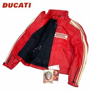 美品 正規品 DUCATI MOTOR ドゥカティー モーター オートバイ カーフレザー シングル ライダース バイカー ジャケット 48 レッド メンズ