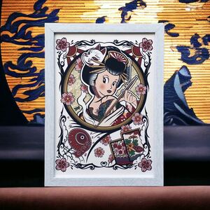 開運 吉祥画 縁起物 春 花魁 花札 花見で一杯 A4サイズ 刺青 タトゥー tattoo イラスト 絵 桜柄 狐の面 白色 フレーム付き アートフレーム