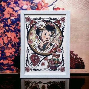 尾九 吉祥画 縁起物 春 花魁 花札 花見で一杯 A4サイズ 刺青 タトゥー tattoo イラスト 絵 桜柄 狐の面 白色 額縁付き 美人画 インテリア