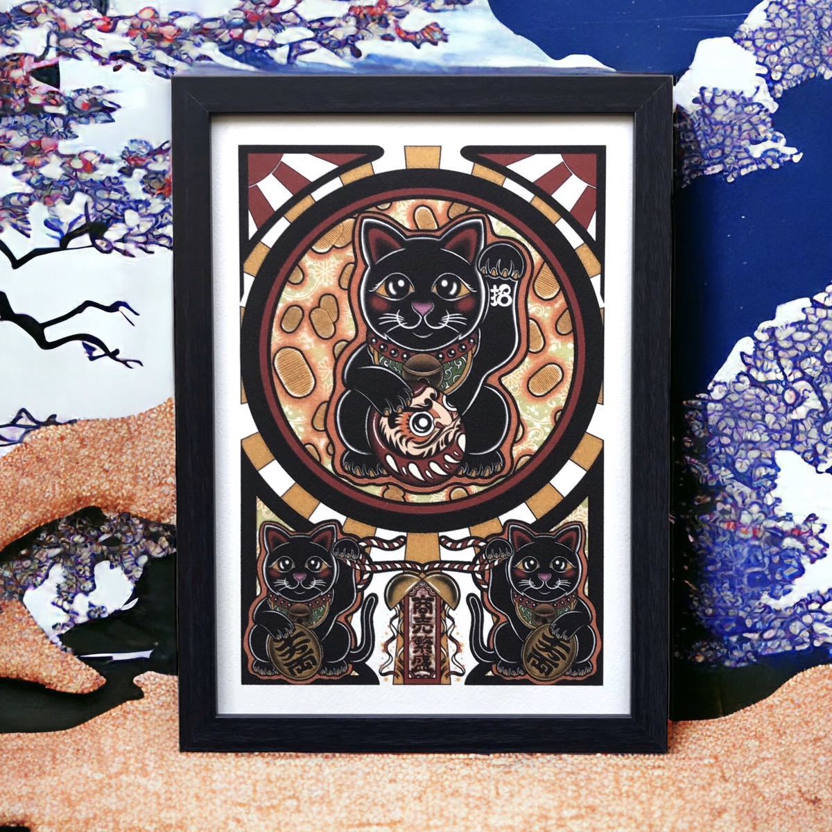 Lucky charm, good luck, good fortune, increase your fortune, left hand, cute, beckoning cat, black cat, red, Daruma, prosperous business, art poster, A4 size, black, with frame, Handmade items, interior, miscellaneous goods, ornament, object