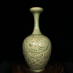 ▽鴻▽ 宋 耀州窯 花卉紋 盤口瓶 古陶瓷品 置物 古賞物 中国古玩 中国古美術