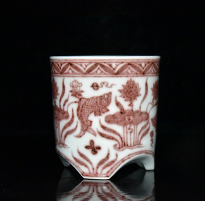 ▽鴻▽ 明 宣德年製款 釉里紅 魚藻紋 筆筒 古陶瓷品 置物 古賞物 中国古玩 中国古美術