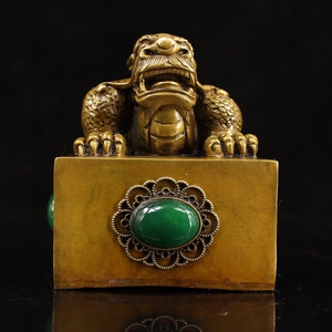 ▽鴻▽ 銅製 寶石嵌 瑞獣印章 置物 古賞物 中国古玩 中国古美術