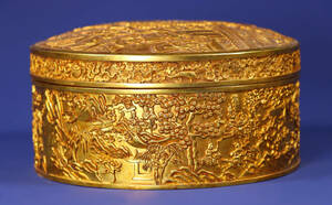 ▽鴻▽銅製 塗金 百子紋 首飾盒 置物 古賞物 中国古玩 中国古美術
