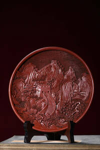 ▽鴻▽漆器漆彫 剔紅 山水紋 賞盤 置物 古賞物 中国古玩 中国古美術